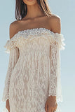 Off the Shoulder White Lace Sheath Boho Wedding Dress with Slit