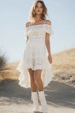 Cold Shoulder Lace White A Line Ruffled Graduation Dress