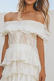 White Lace Tiered Off the Shoulder A Line Graduation Dress