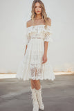Off the Shoulder White Lace A Line Graduation Dress