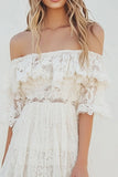 Off the Shoulder White Lace A Line Graduation Dress
