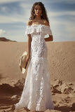Off the Shoulder Lace White Sheath Boho Graduation Dress