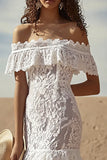 Off the Shoulder Lace White Sheath Boho Graduation Dress