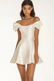 Off the Shoulder Ivory A Line Satin Short Graduation Dress