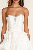 Strapless White Lace Short Graduation Dress with Ruffles