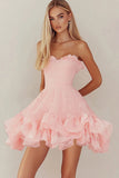 Pink Sweetheart Lace Short Graduation Dress with Ruffles