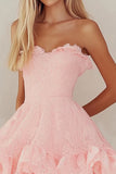Pink Sweetheart Lace Short Graduation Dress with Ruffles