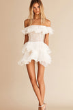 Off the Shoulder White Ruffled Lace Short Graduation Dress