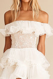 Off the Shoulder White Ruffled Lace Short Graduation Dress