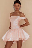 Sparkly Off the Shoulder Pink Short Graduation Dress