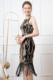 Sparkly Black Golden Sheath Boat Neck Fringed 1920s Dress