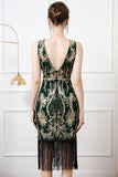 Sparkly Black Golden Sheath Boat Neck Fringed 1920s Dress