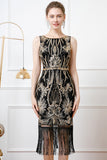 Sparkly Black Golden Sheath Boat Neck Fringed 1920s Dress