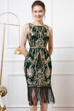Sparkly Black Golden Sheath Boat Neck Fringed 1920s Dress