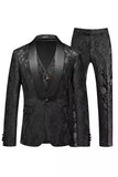 Jacquard Black 3 Pieces Shawl Lapel Men's Suits