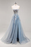 Grey Purple Beaded Corset Applique Long Prom Dress with Slit