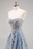 Dusty Blue A Line Strapless Sheer Corset Beaded Long Prom Dress with Slit