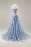 Grey Purple Beaded Corset Applique Long Prom Dress with Slit