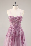 Grey Purple Beaded Corset Applique Long Prom Dress with Slit