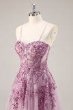 Grey Purple Beaded Corset Applique Long Prom Dress with Slit