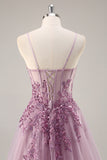Grey Purple Beaded Corset Applique Long Prom Dress with Slit