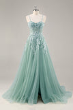 Grey Purple Beaded Corset Applique Long Prom Dress with Slit