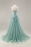 Grey Purple Beaded Corset Applique Long Prom Dress with Slit