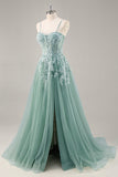 Grey Purple Beaded Corset Applique Long Prom Dress with Slit