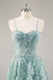 Grey Purple Beaded Corset Applique Long Prom Dress with Slit