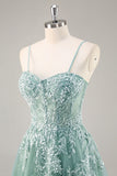 Grey Purple Beaded Corset Applique Long Prom Dress with Slit