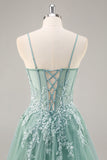 Grey Purple Beaded Corset Applique Long Prom Dress with Slit