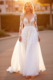 White Appliqued A Line Wedding Dress with Long Sleeves