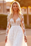 White Appliqued A Line Wedding Dress with Long Sleeves