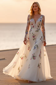 A Line White Floral Long Sleeves Appliqued Wedding Dress