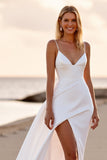White A Line Spaghetti Straps Wedding Dress with Slit
