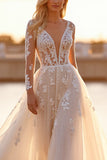 Appliqued White Tulle Wedding Dress with Long Sleeves