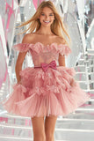 Blush Off the Shoulder Tulle Short Prom Dress with Bow