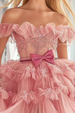 Blush Off the Shoulder Tulle Short Prom Dress with Bow