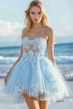 Strapless Tulle Sky Blue Short Prom Dress with Appliques