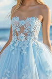 Strapless Tulle Sky Blue Short Prom Dress with Appliques