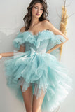 Off the Shoulder Light Green Tulle Beaded Short Prom Dress
