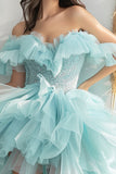Off the Shoulder Light Green Tulle Beaded Short Prom Dress