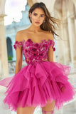 Fuchsia Off the Shoulder Short Prom Dress with 3D Flowers