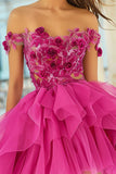 Fuchsia Off the Shoulder Short Prom Dress with 3D Flowers