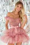 Blush Off The Shoulder A Line Short Prom Dress with Beading