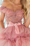 Blush Off The Shoulder A Line Short Prom Dress with Beading