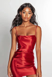 Satin Bodycon Spaghetti Straps Red Cocktail Dress