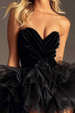Strapless Ruffled Tulle A Line Black Short Prom Dress