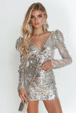 Bodycon Silver Long Sleeve Cocktail Dress with Sequins