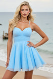 Light Blue A Line Spaghetti Straps Ruched Short Prom Dress